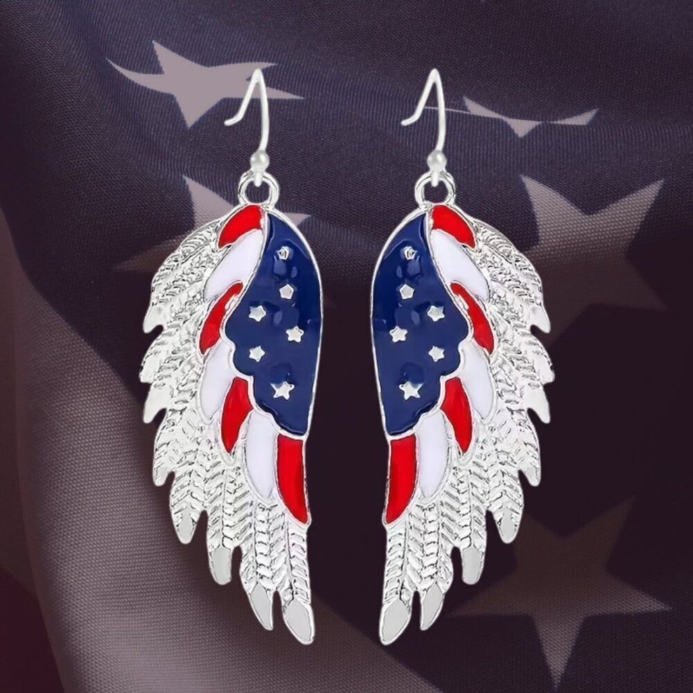 NWT Patriotic Angel Wing Earrings 4th of July Jewelry Red White & Blue on Silver